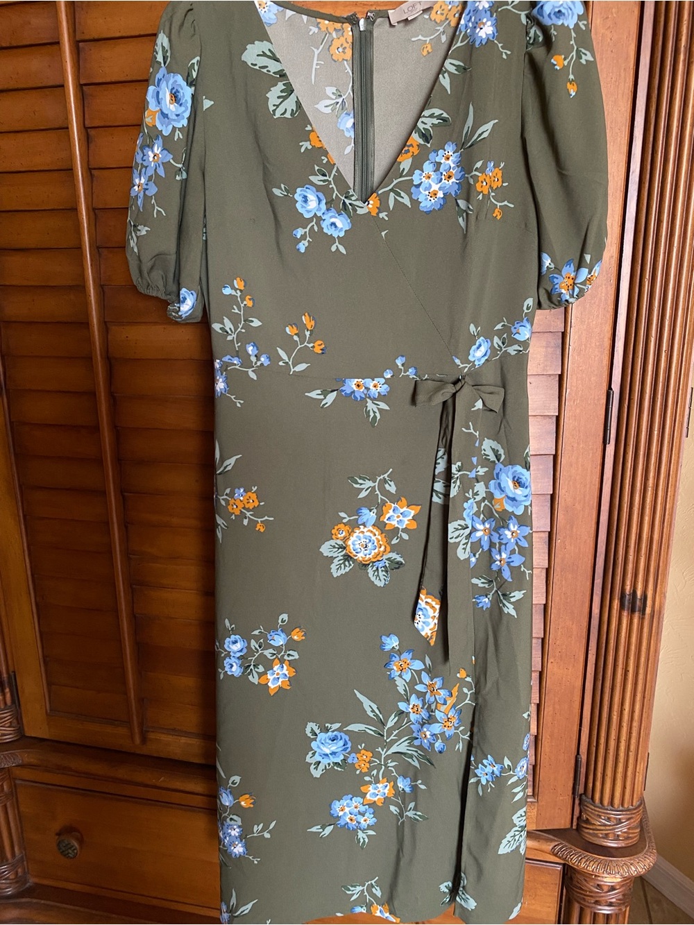 LOFT Olive Green Floral Wrap Midi Dress with Blue & Orange Blooms